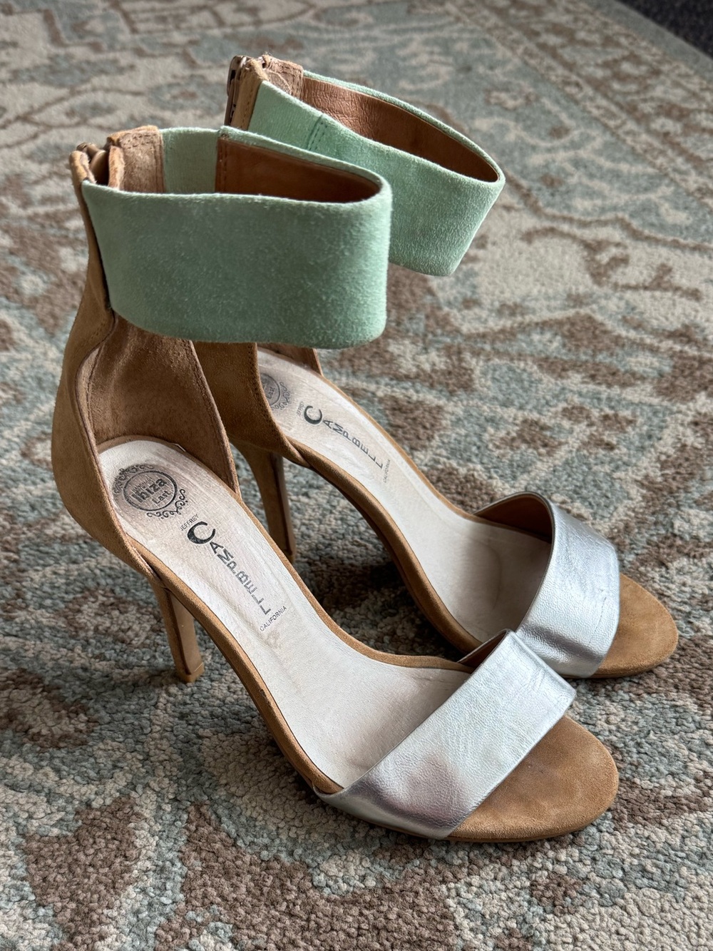 Jeffrey Campbell Ibiza leather suede & metallic silver strap stiletto heels 6.5